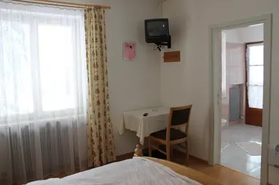 a bedroom with a table and a chair and a television at Berggasthof Pension Pfitscher in Unsere Liebe Frau im Walde