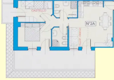 a floor plan of a house with blue at Casa Fior del Soreie in Pozza di Fassa