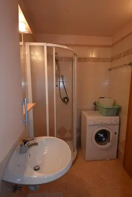 a bathroom with a shower and a sink and a washing machine at Casa Fior del Soreie in Pozza di Fassa
