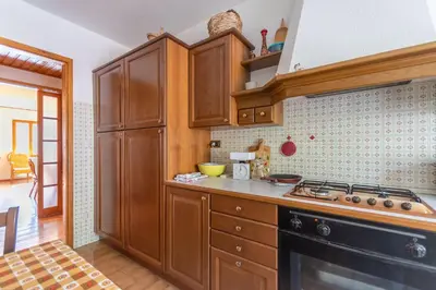 a kitchen with wooden cabinets and a stove top oven at Casa Francesco in Falcade
