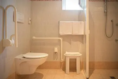 a small bathroom with a toilet and a shower at Hotel Garni Grüner Baum (Albero Verde) in Laives
