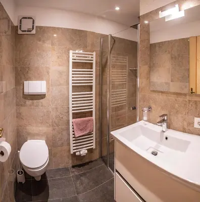 a bathroom with a sink and a toilet and a shower at La Odles in Selva di Val Gardena