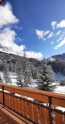 a balcony with a view of a snow covered mountain at Lärchenheim in Obereggen