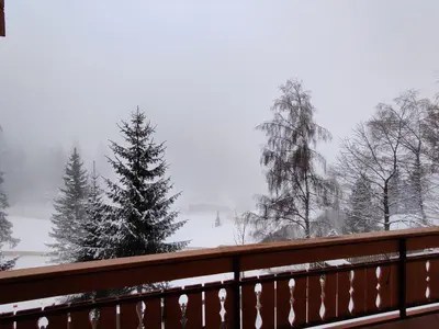 a deck with snow covered trees and a fence at Lärchenheim in Obereggen