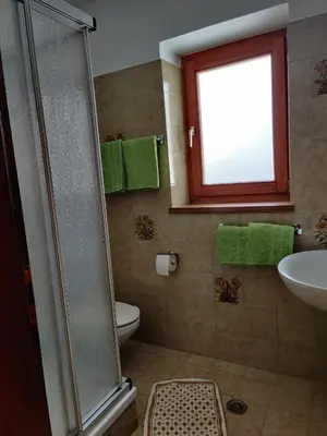 a bathroom with a toilet and a sink and a window at Lärchenheim in Obereggen