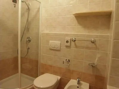 a bathroom with a toilet and a shower at Hotel L'Ideale in Moena