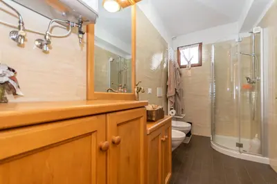 a bathroom with a shower and a sink and a toilet at Miralago in Alleghe