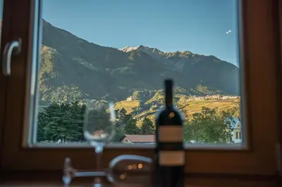a bottle of wine and a glass in front of a window at Apartment mit Tiefgarage 8 Min zu Fuß bis ins Zentrum in Merano