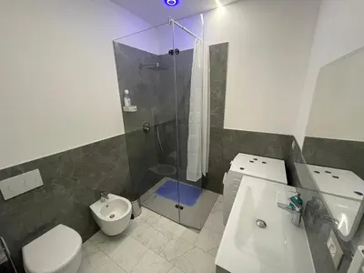 a bathroom with a shower and a toilet and a sink at Junior Deluxe 2 in Merano