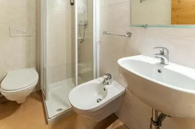 a bathroom with a sink and a toilet and a shower at Hotel Olimpia in Cortina dʼAmpezzo