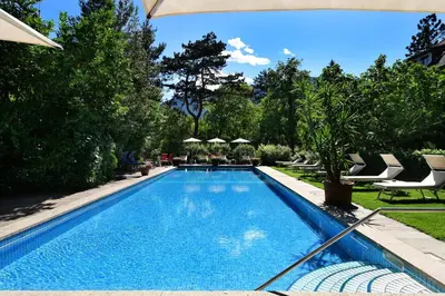 a swimming pool in a yard with chairs and trees at Hotel Juliane in Merano