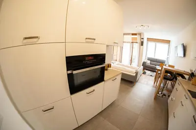 a kitchen with a large white refrigerator with a tv at Flow Apartments Astoria in Merano