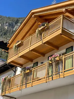 a balcony with potted plants on a building at B&B La Casa del Sole in Ziano di Fiemme