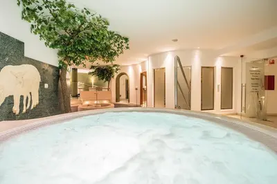 a large pool of water in a bathroom at Aktiv & Genusshotel Lodenwirt in Vandoies