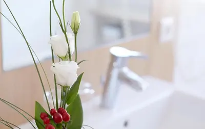 a vase filled with white flowers and red berries at Hotel Post Gries in Bolzano