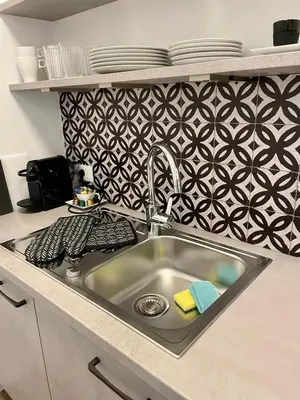 a stainless steel sink in a kitchen with a wall at Garden Pool Apartment in Merano