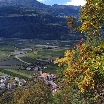 a view of a valley with a village and mountains at Apartment Himmelreich 29 in Plaus