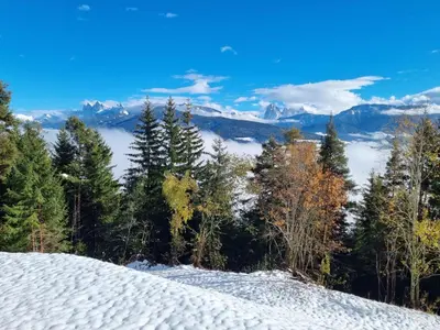 a snow covered slope with trees and mountains in the background at Alone in Chalet with view on Dolomites in Villandro