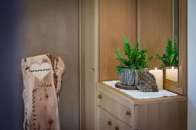 a cabinet with candles and a potted plant on it at Treffhof in Siusi
