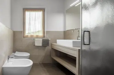 a bathroom with a toilet and a sink and a mirror at Ciasa de Lenz in San Cassiano