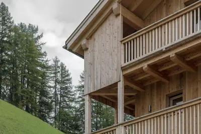 a wooden house with wood panels on the side of it at Ciasa de Lenz in San Cassiano
