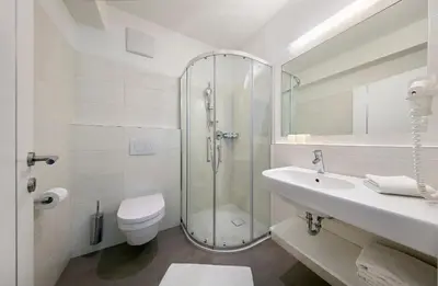 a bathroom with a shower and a toilet and a sink at Pension Siller in Lagundo