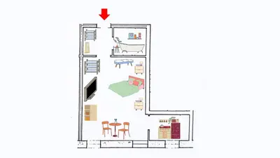 a floor plan of a room with a table and chairs at Gemütliches Studio mit Garagenparkplatz in Vols am Schlern