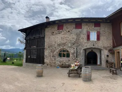 a large stone building with red shutters on it at Agritur Maso Forcola in Brez