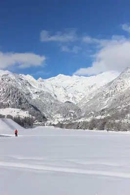 a person on skis in the snow in front of mountains at Residence Landhaus Rainer in Ridanna