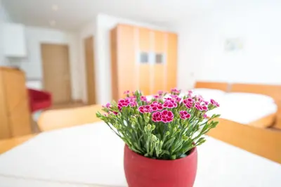 a red vase with pink flowers on a table at Apartment Edelweiss in Brunico