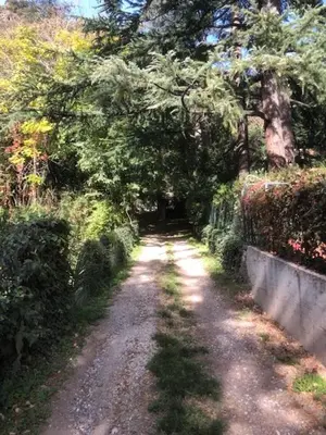 a dirt road with trees and a fence on it at TORRE GARDEN HOME - casa singola nella città di Bolzano con giardino privato in Bolzano