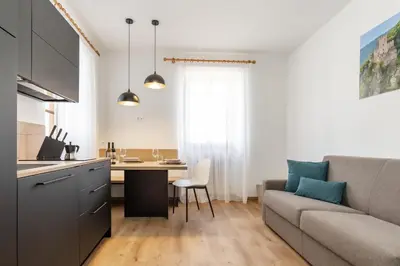 a kitchen and living room with a couch and a table at Ansitz von Wohlgemuth in Salorno sulla Strada del Vino