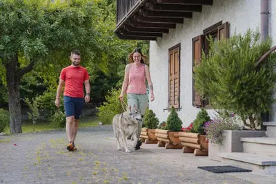 a man and a woman walking a dog down a street at Dolomitihouse CASTAGNER in Fiera di Primiero