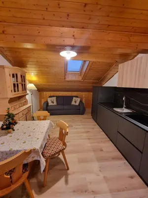 a kitchen and living room with a table and a couch at Cesa Elena in Canazei