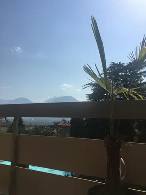 a palm tree sitting on a balcony with a view at sonnige schicke Ferienwohnung Meran Pienzenau in Merano