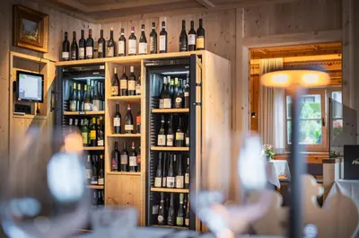 a room with several shelves of wine bottles at Hotel Platz in Ortisei