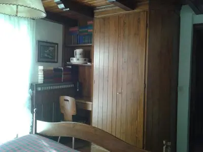 a bedroom with a wooden wall with a desk and a bed at Casa Antelao in San Vito di Cadore