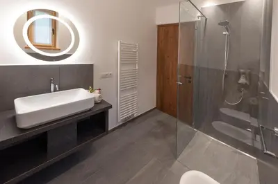 a bathroom with a sink and a glass shower at Aromis in Termeno