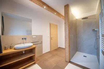 a bathroom with a sink and a shower at Apartments Stua da Carlo in Ortisei