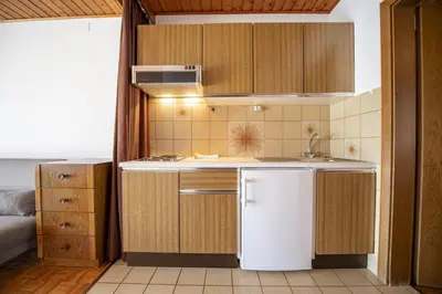 a kitchen with wooden cabinets and a white refrigerator at Apartments Praruf in Selva di Val Gardena