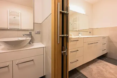 a bathroom with a sink and a mirror at Casa al Parco Deluxe in Canazei