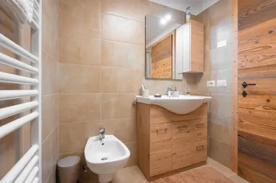 a small bathroom with a sink and a toilet at Ciasa de Chica in Pozza di Fassa