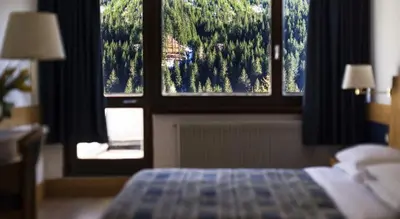 a bedroom with a bed and two windows with trees at Hotel Club Regina E Fassa in Mazzin