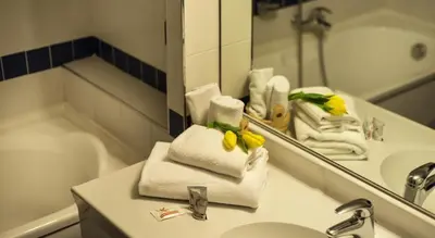 a bathroom with towels and a sink and a mirror at Hotel Club Regina E Fassa in Mazzin