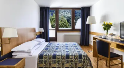 a hotel room with a bed and a desk and a window at Hotel Club Regina E Fassa in Mazzin