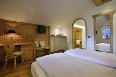 a bedroom with a bed and a desk and a television at Hotel Azola in Canazei