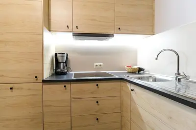 a kitchen with wooden cabinets and a sink at Unterbrunnerhof in Lana
