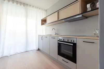 a kitchen with a stove and a sink at Solis Apartments in Lana