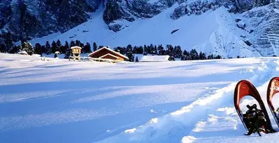 a pair of skis in the snow in front of a cabin at Galreidhof in Funes