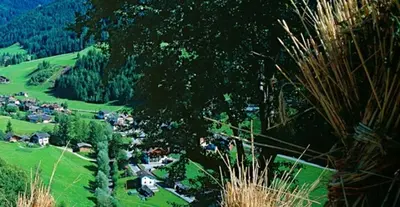 a small village in a green field with trees at Galreidhof in Funes